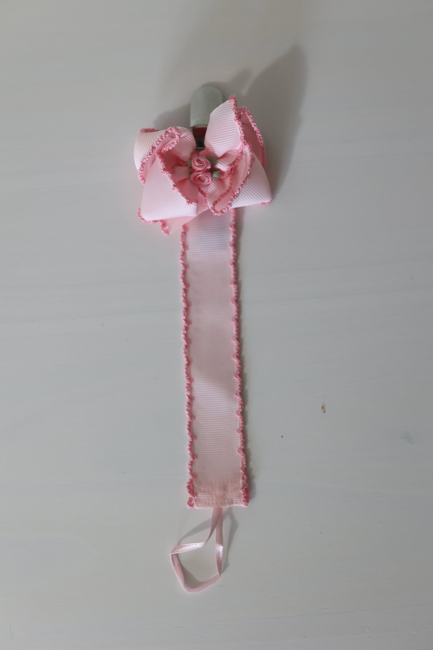 Pink w/ Pink Moonstitch Bow Floral Paci Clip