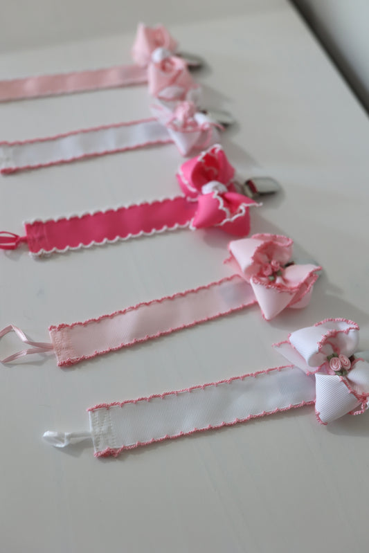 Pink w/ Pink Moonstitch Bow Floral Paci Clip