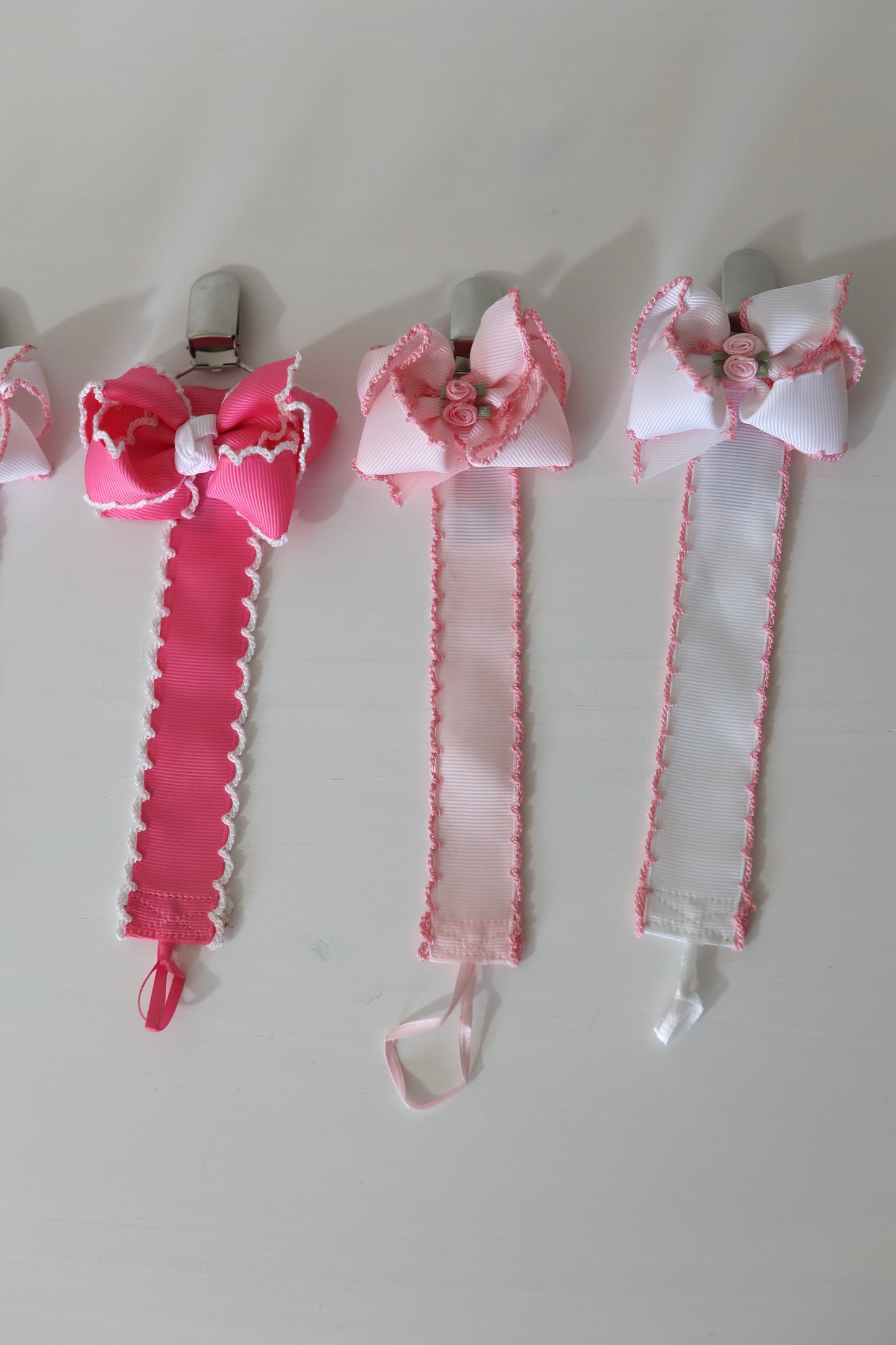 Pink w/ Pink Moonstitch Bow Floral Paci Clip