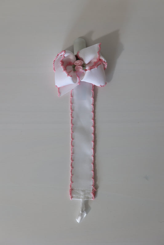 White w/ Pink Moonstitch Bow Floral Paci Clip