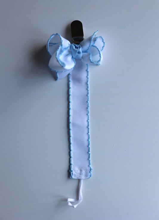 Blue Moonstitch Bow Paci Clip