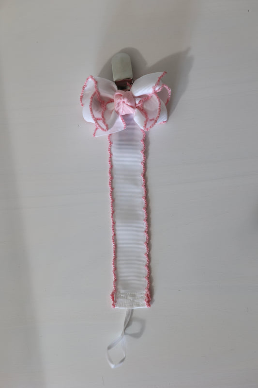White Moonstitch Bow Paci Clip
